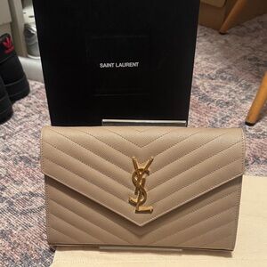 Saint Laurent Taupe Chevron Quilted Wallet-on-Chain with Gold YSL Logo